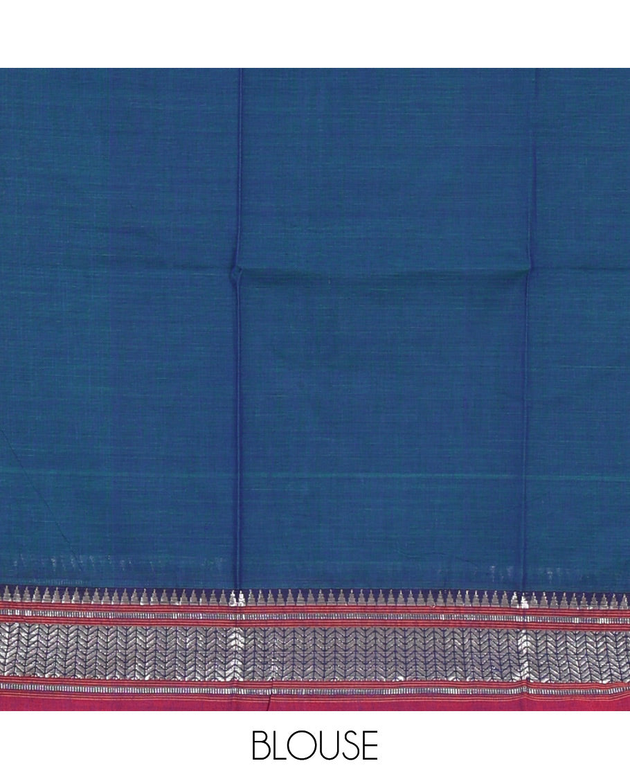 Peacock blue mercerized cotton half-saree, plain & contrast traditional temple border skirt, matching blouse & contrast temple zari border vichitra silk dhavani