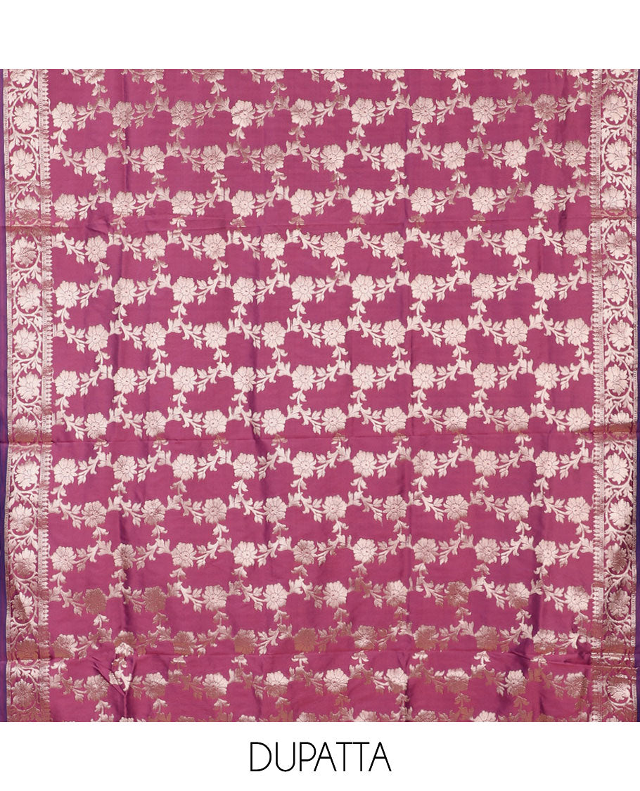 Wine banarasi material chudidar set, zari buttas woven top, plain bottom, and floral jaal taffeta silk dupatta
