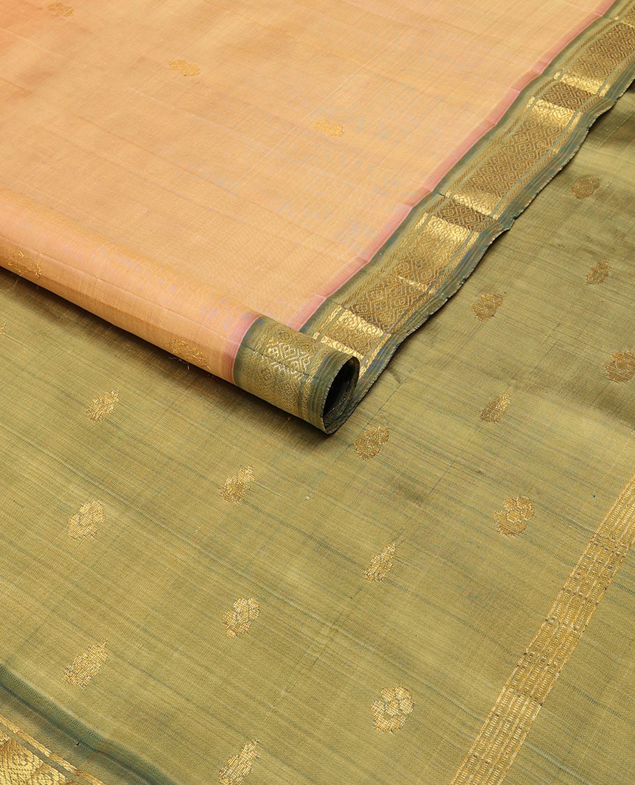 Peach buttas kancheepuram silk saree with contrast korvai intricate zari design border & floral design pallu