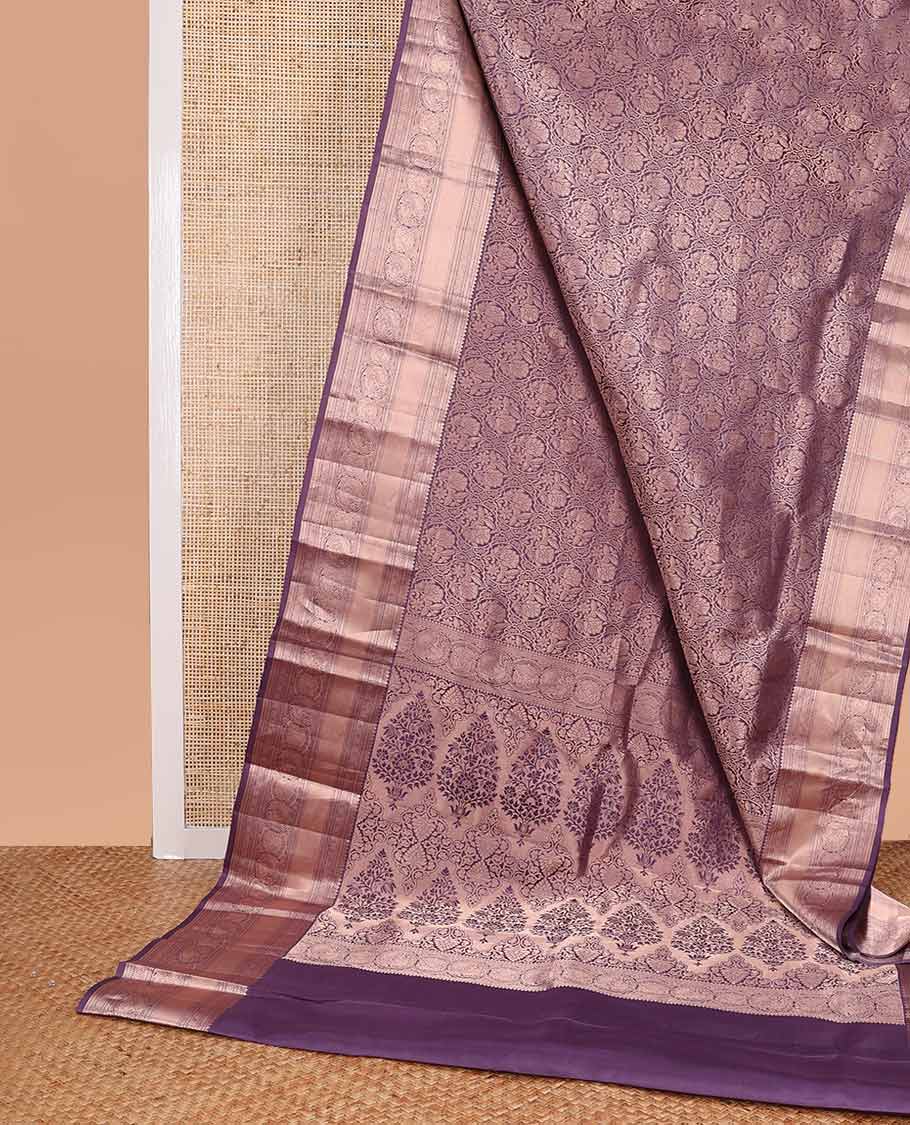 Purple floral design kancheepuram silk saree with self border of rekku, banaras, muthu, kathir, poo chakram design & zari design pallu