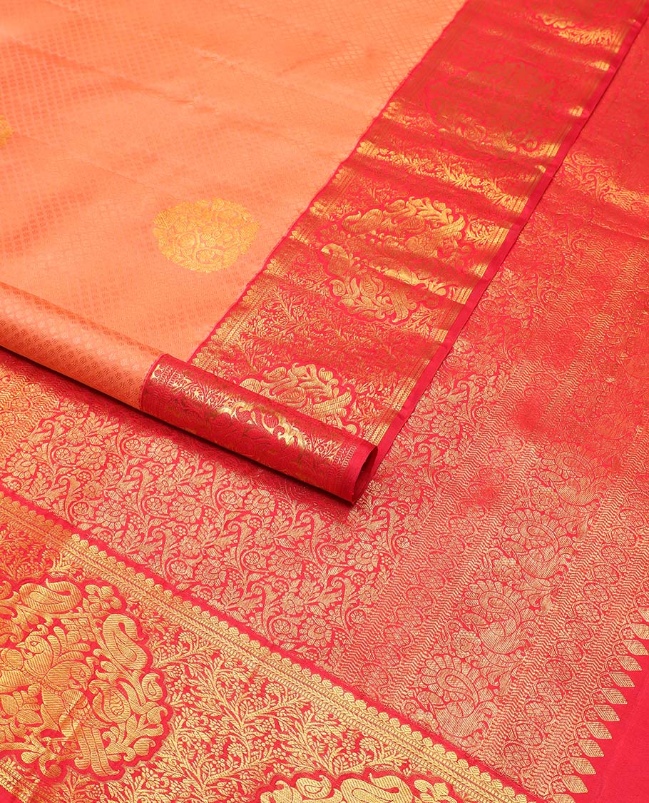 Peach jaal design silk saree with contrast border of thilakam mokku, muthu, banaras designs & floral design pallu