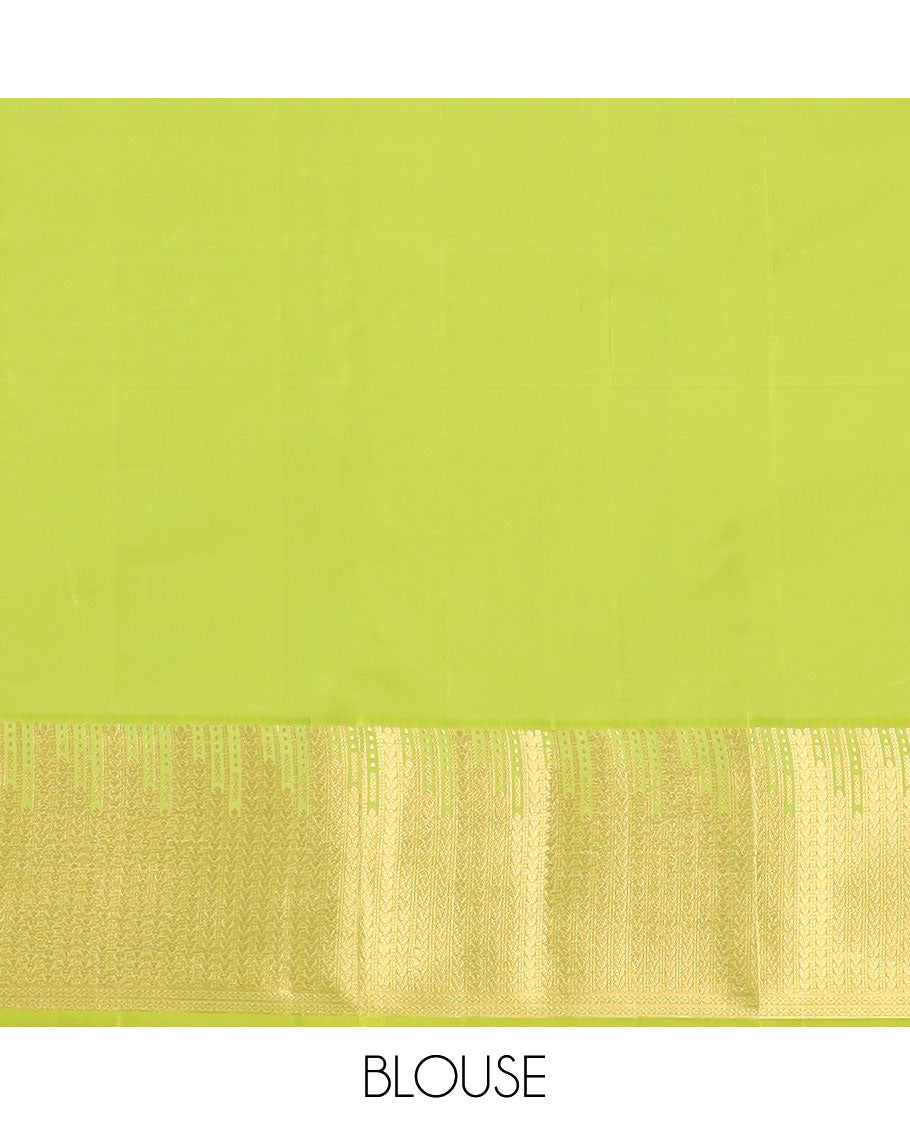 Red zari buttas vasundhara silk mix saree, contrast scallop pallu & border of floral, peacock & chakra motifs