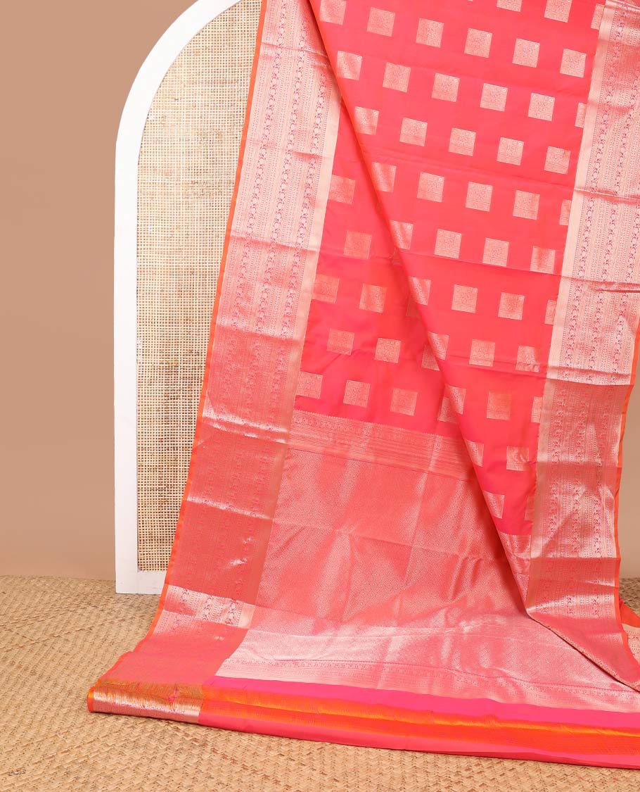 Red square motifs vasundhara elite silk saree with contrast floral design border & argyle design pallu