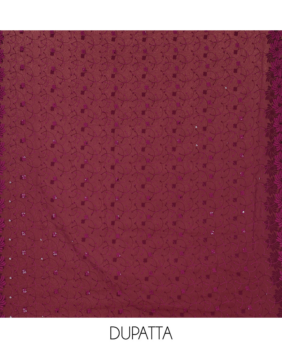 Purple material chudidar set, intricately schiffli embroidered georgette top & sequins embroidered scallop georgette dupatta