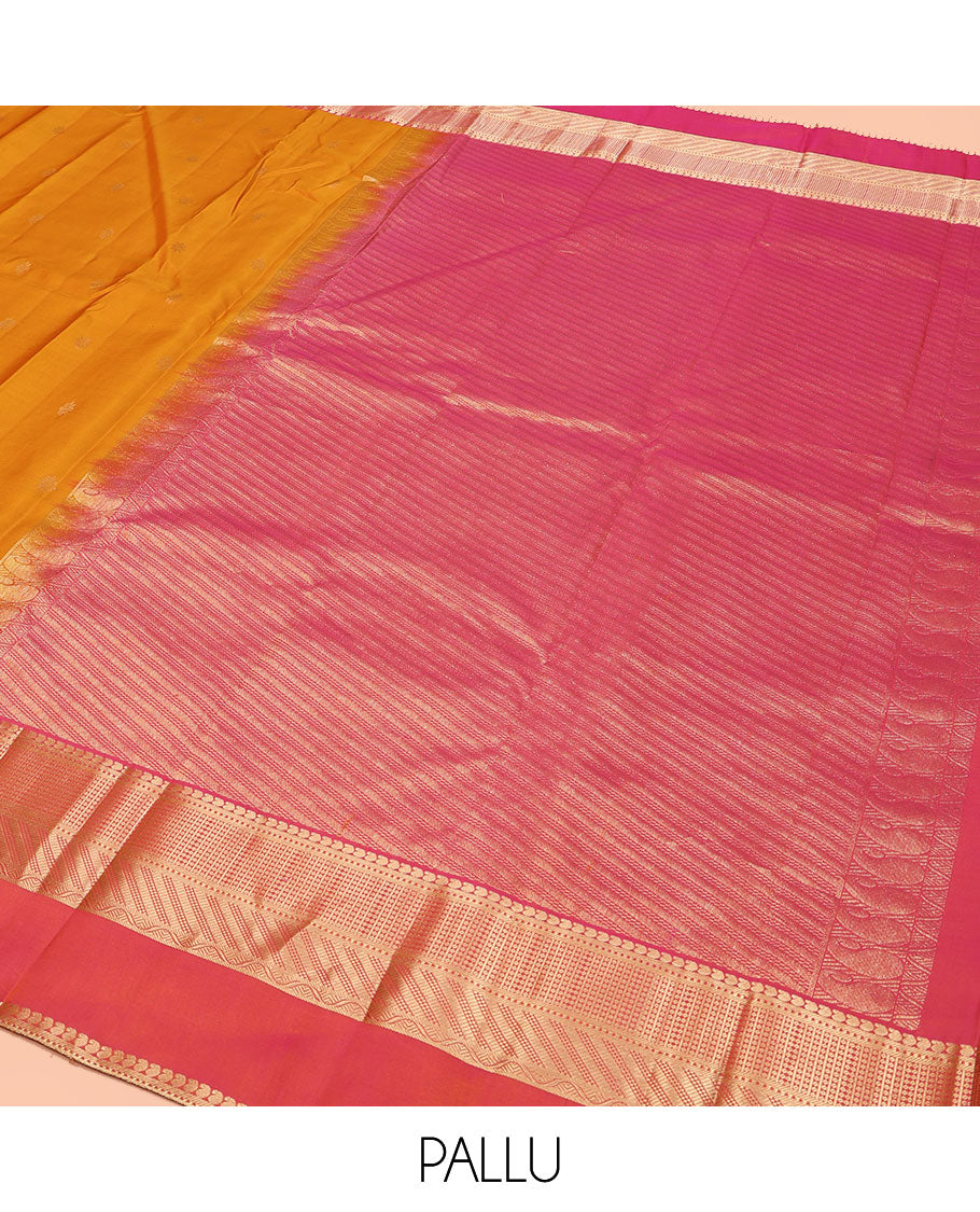 Mango Yellow Kanchipuram Silk Saree, Adorned with Zari Buttas All Over Its Body, Complemented by Contrast Border of Traditional Zari Designs, Grand Diagonal Striped Pallu, and Paired with a Contrast Blouse