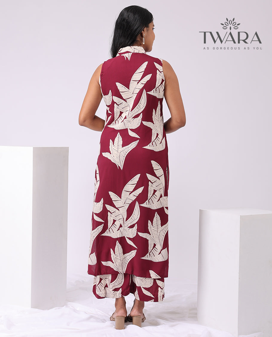 Twara Maroon banana leaf print sleeveless button down knee lenght kurti with palazzo pants