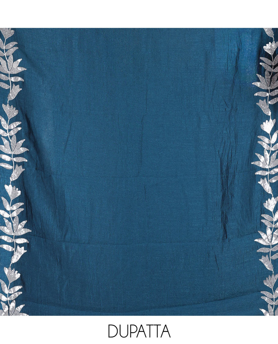 Liril Green Material Churidar Set, Detailed with Floral Motifs Sequins-Thread Embroidered on Its Vichitra Silk Top, Comes with a Contrast Santoon Bottom, and Paired with a Vichitra Silk Floral Embroidered Scallop Dupatta