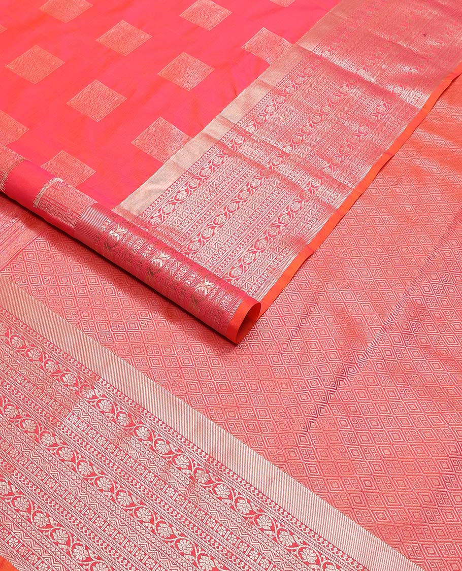 Red square motifs vasundhara elite silk saree with contrast floral design border & argyle design pallu