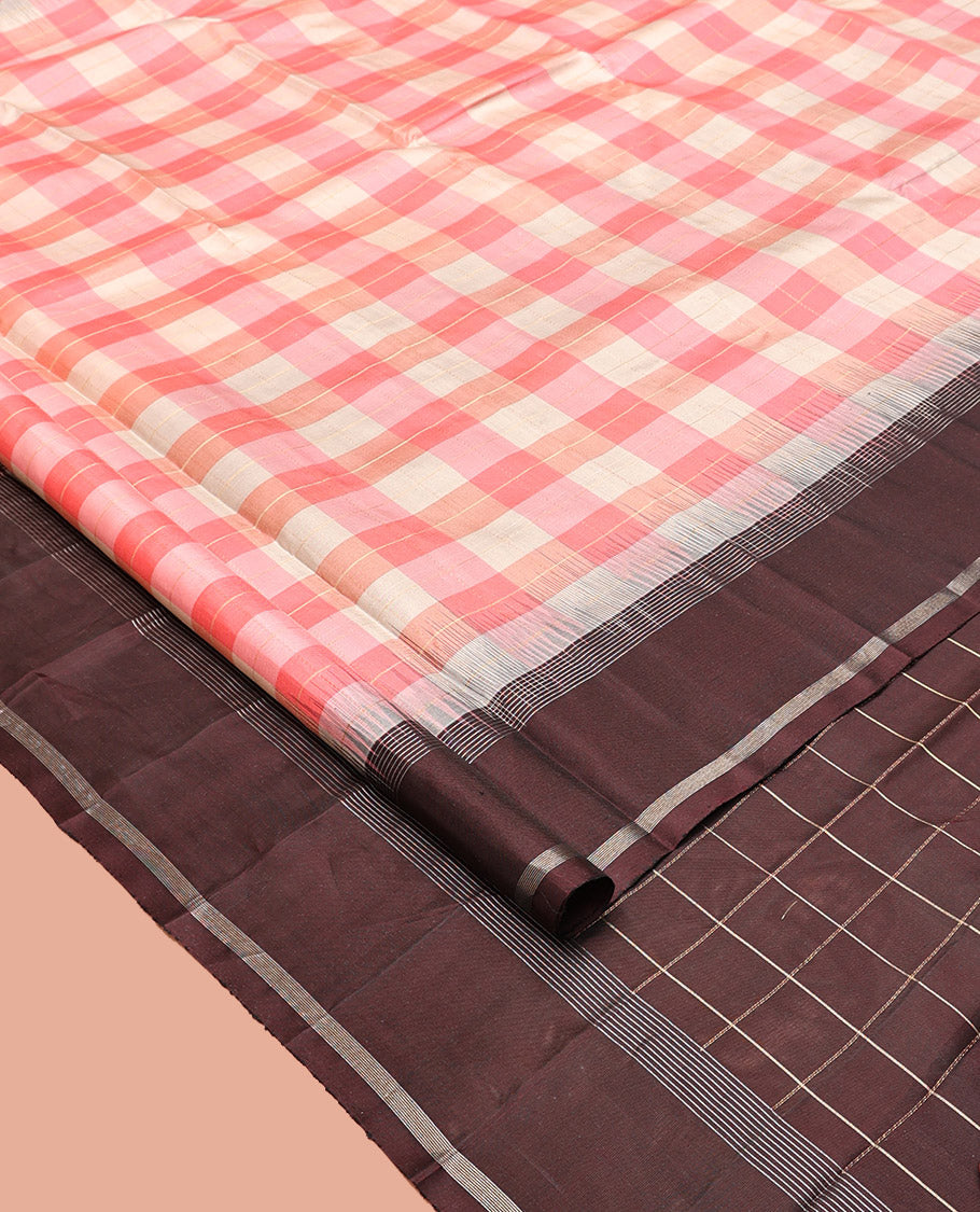 Pink Checked Kanchipuram Silk Saree, Contrast Bodi Border, Checked Pallu, and a Contrast Blouse