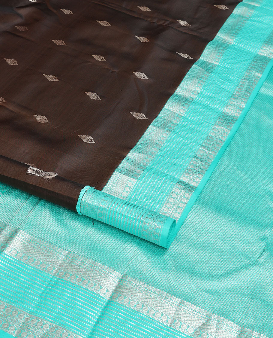 Black buttas silk saree with contrast rettai pettu zari border of muthu, banaras, paun design & floral, striped design pallu