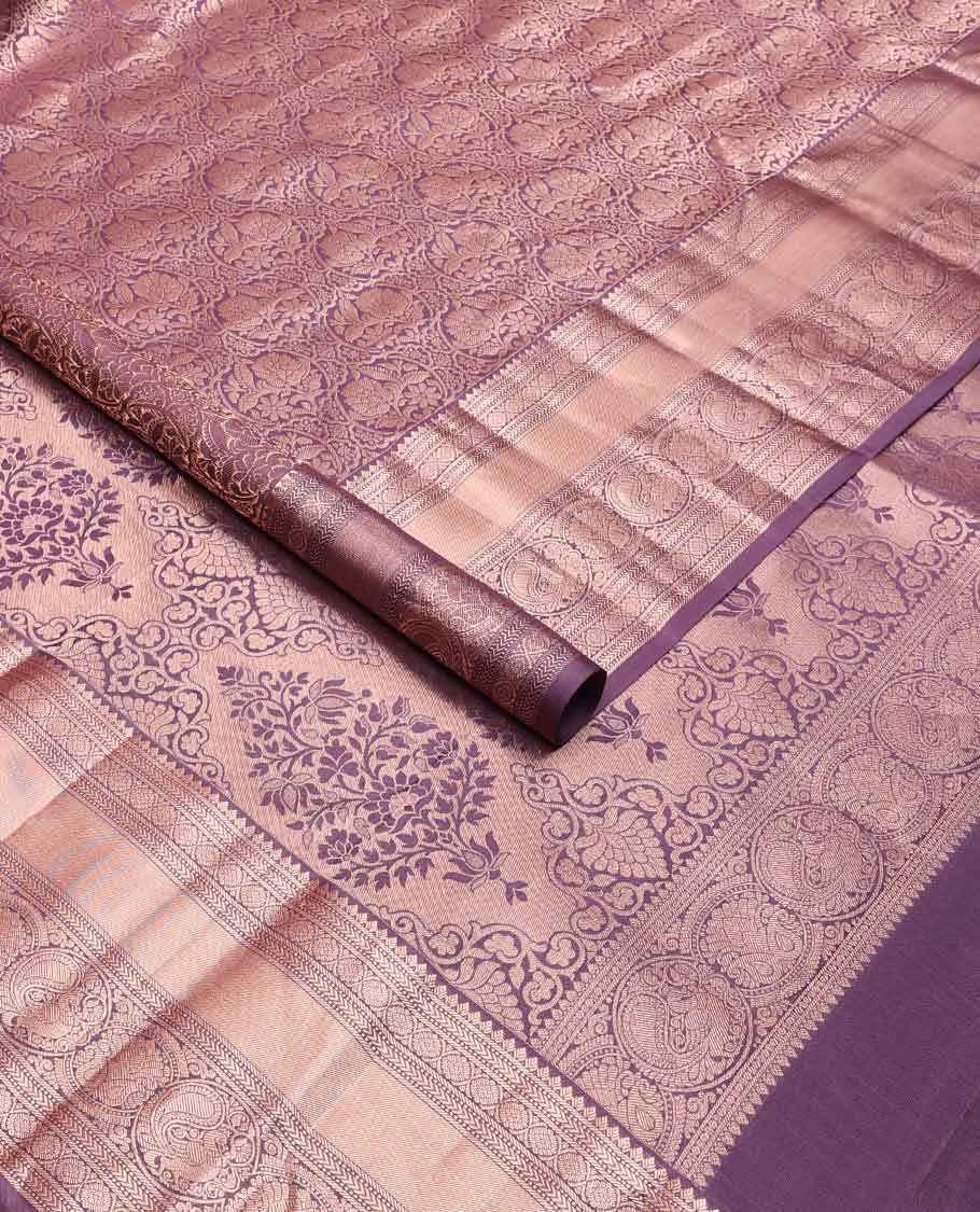 Purple floral design kancheepuram silk saree with self border of rekku, banaras, muthu, kathir, poo chakram design & zari design pallu