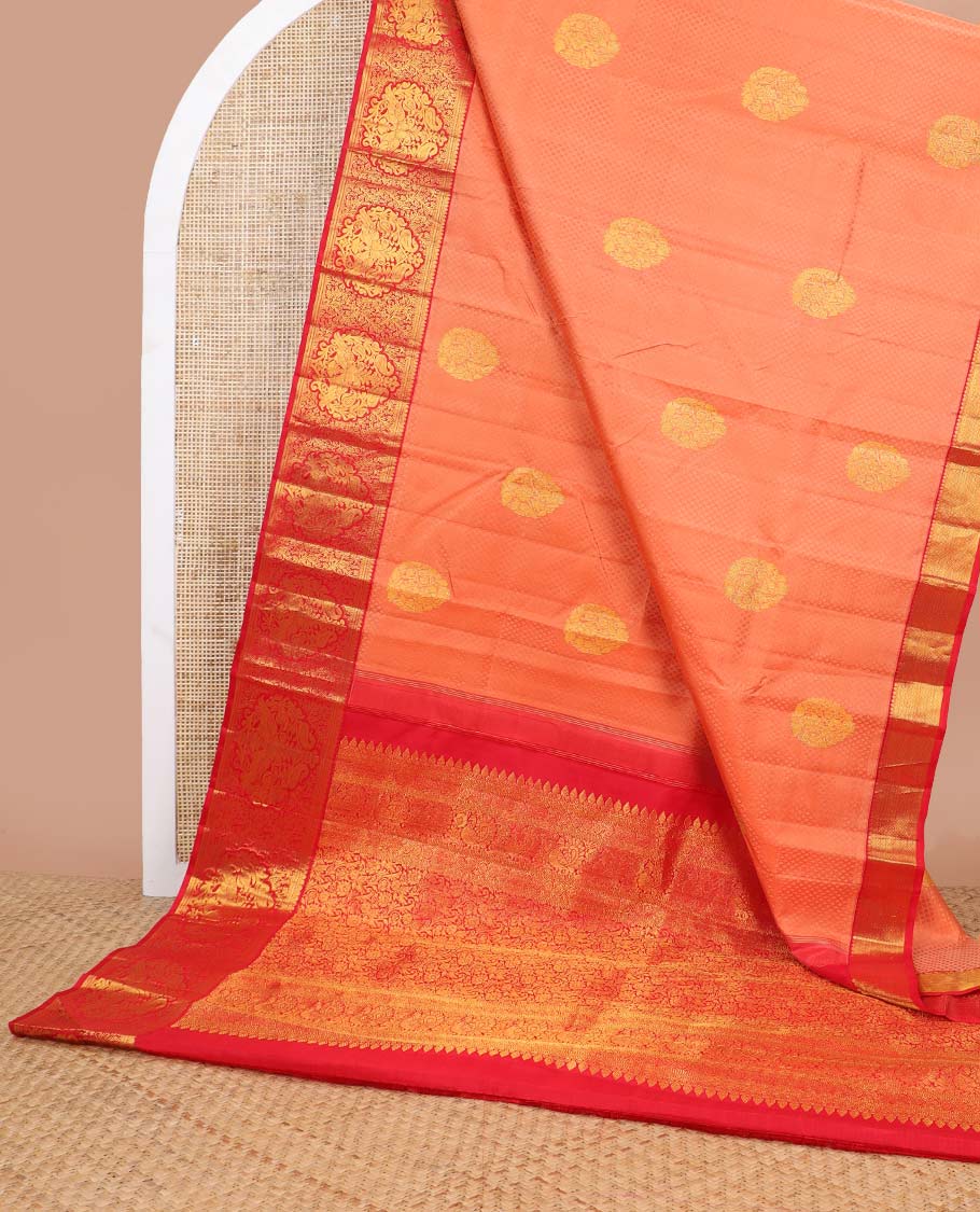 Peach jaal design silk saree with contrast border of thilakam mokku, muthu, banaras designs & floral design pallu