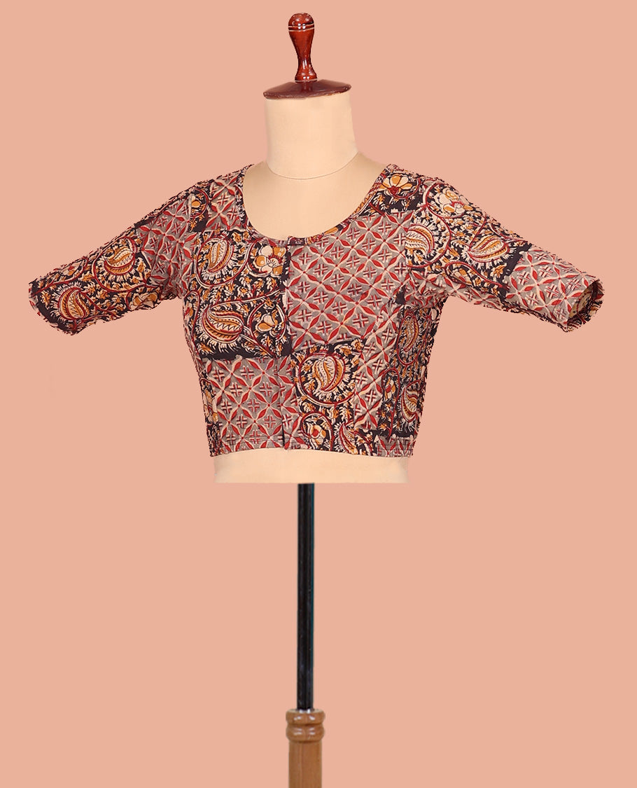 Multi-color Cotton Readymade Blouse Bedecked with All-Over Floral Vine-Jaal Print, Featuring a Front Round-Neck, a Closed Back-Neck, and Elbow Sleeves