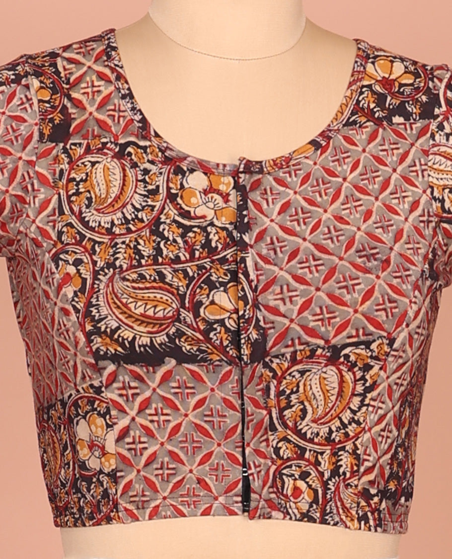 Multi-color Cotton Readymade Blouse Bedecked with All-Over Floral Vine-Jaal Print, Featuring a Front Round-Neck, a Closed Back-Neck, and Elbow Sleeves