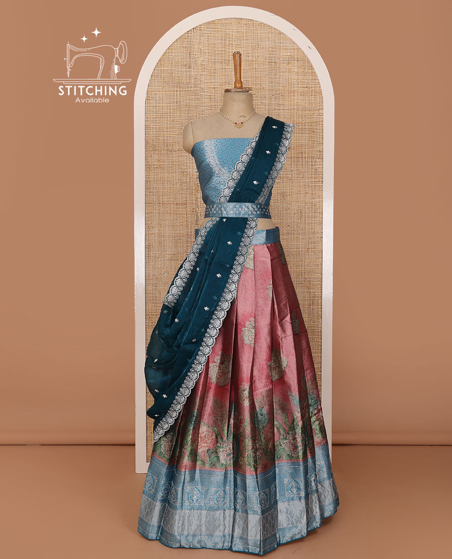 Light wine lehenga set, floral print with contrast Mughal motifs zari woven & stone embroidered border skirt, jacquard embroidered blouse & embroidered scallop dhavani with belt