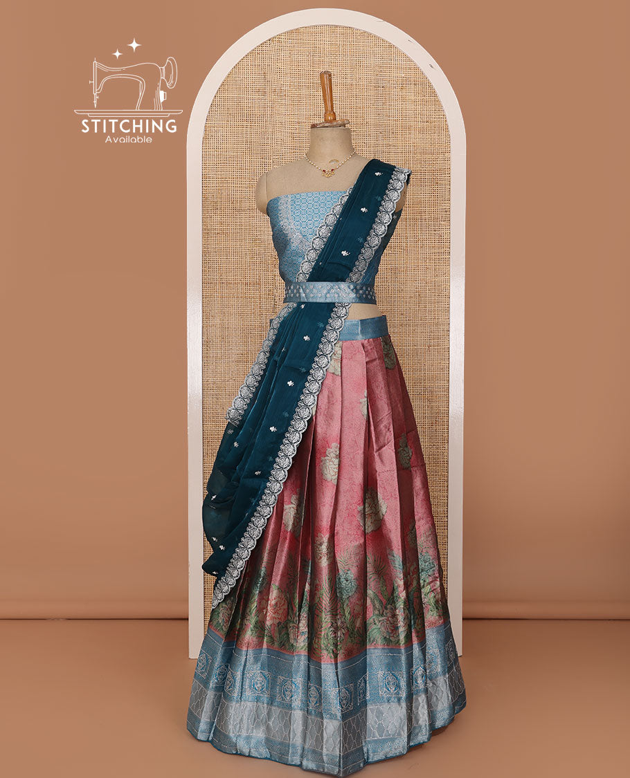 Light wine lehenga set, floral print with contrast Mughal motifs zari woven & stone embroidered border skirt, jacquard embroidered blouse & embroidered scallop dhavani with belt