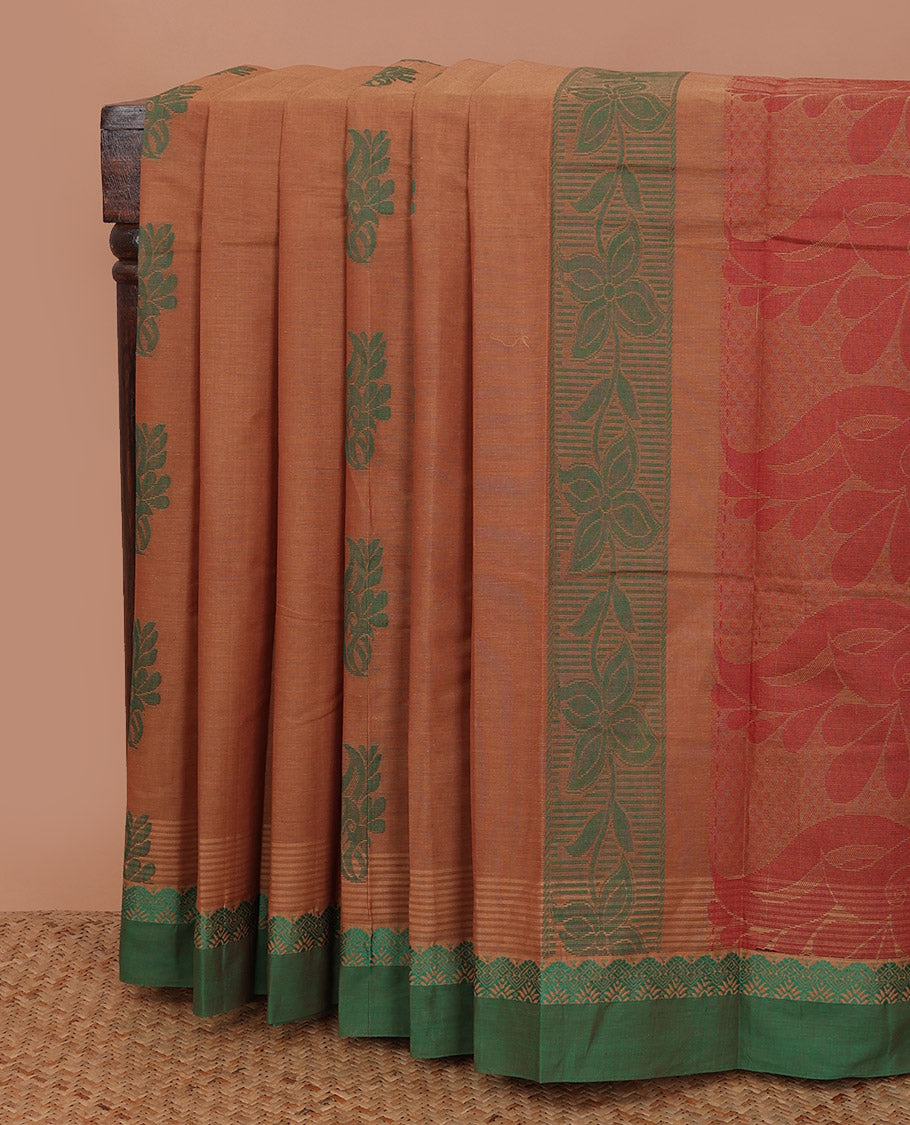 Brown floral design printed kanchi cotton saree, contrast border and pallu of floral designs
