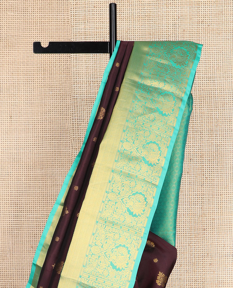 Brown zari buttas vasundhara silk mix saree, contrast ogee pallu & border of rekku,mayil kann, floral & mayil designs