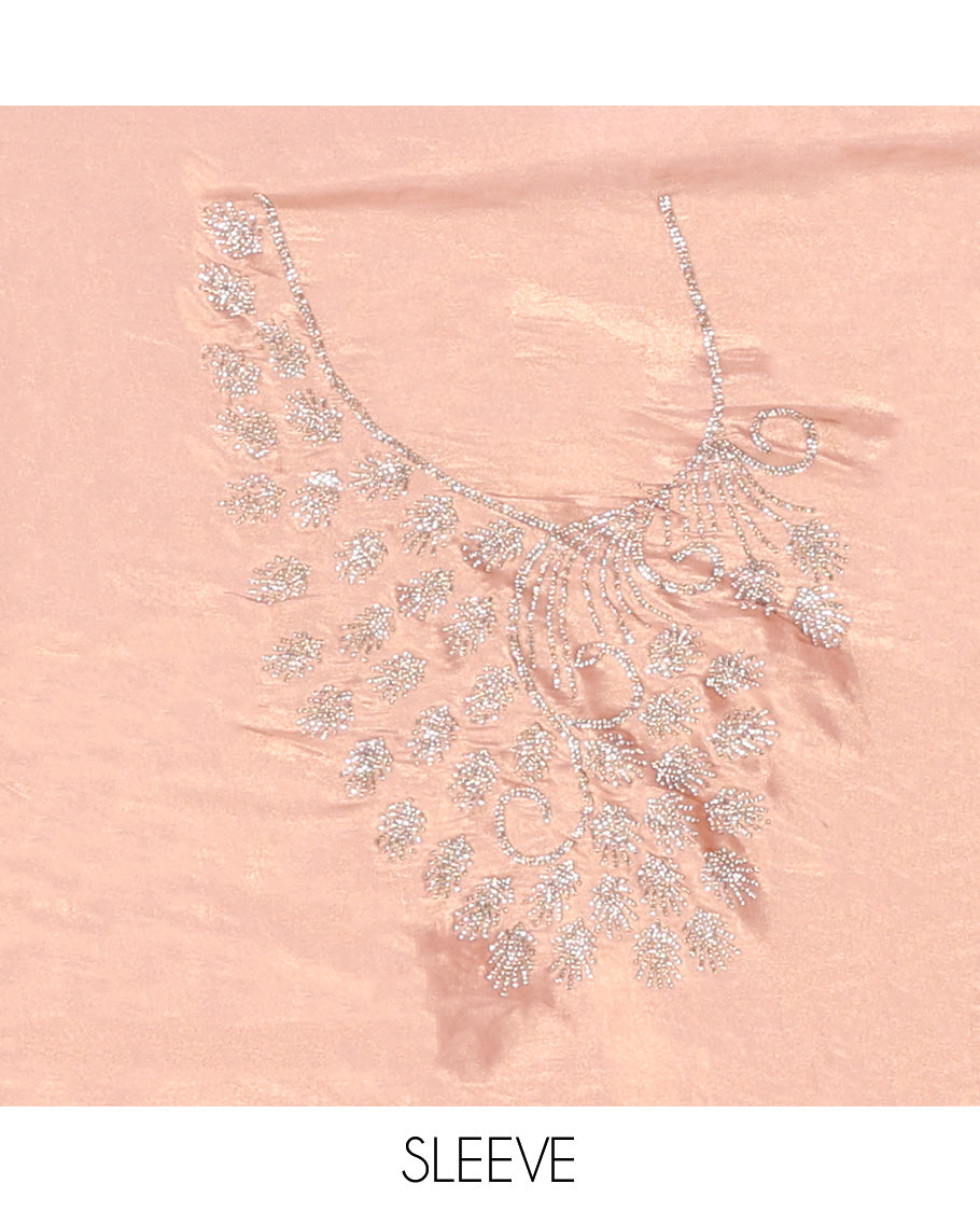 Rose Gold Designer Saree, Gleamed up with Stone Struck All Over Its Body, Scallop Stone Embroidered Border, and Heavy Embroidered Matching Blouse