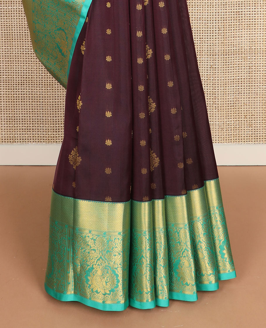 Brown zari buttas vasundhara silk mix saree, contrast ogee pallu & border of rekku,mayil kann, floral & mayil designs