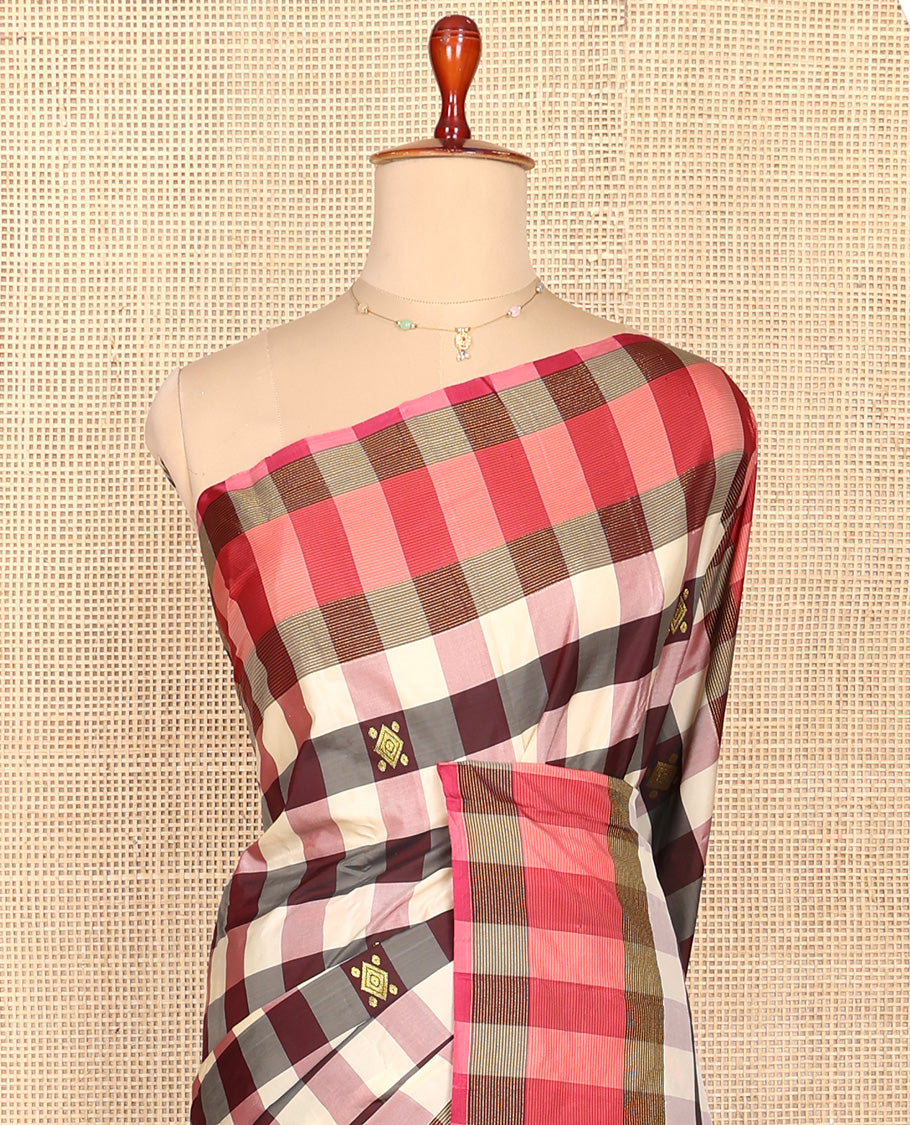 Multi-Color Aarani Silk Saree, Boldly Accentuated with Buttas and Medium-Checked Design All Over Its Body, Complemented by a Contrast Border, Striped Pallu, and Paired with a Matching Blouse