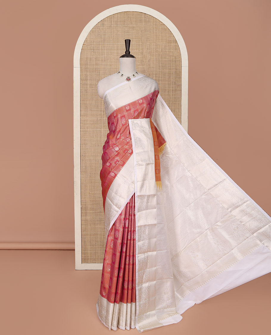 Orange Dual-Toned Budget Silk Saree, Richly Detailed with Jacquard Design on Its Body, Complemented by a Contrast Traditional Zari Design Border, Opulently Embellished Pallu, and Paired with a Contrast Blouse