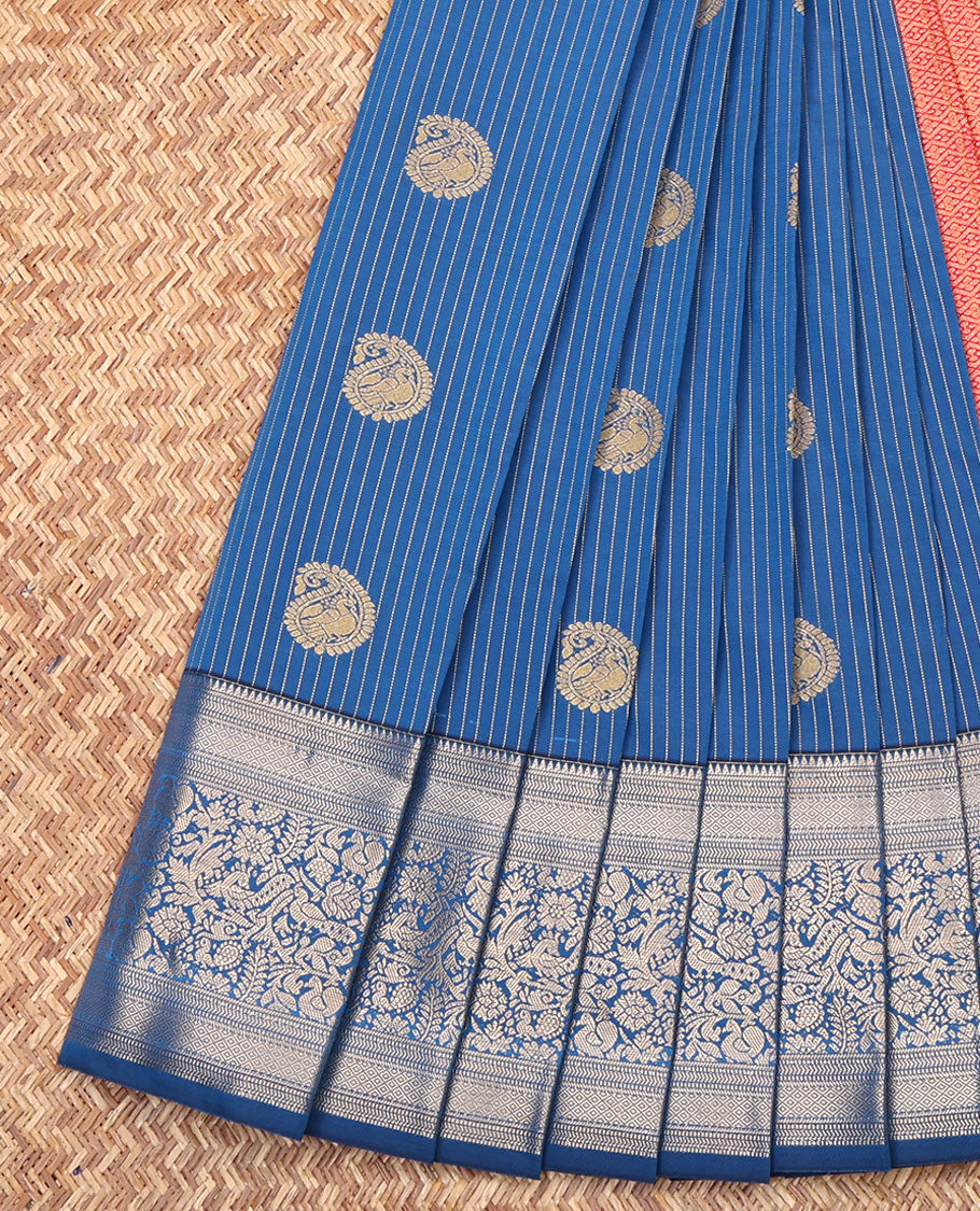 Blue Budget Silk Saree, Embellished with Zari Buttas and Stripes All Over Its Body, Highlighted by a Traditional Zari Design Big Border, Contrast Pallu of Jaal Designs, and Paired with a Contrast Blouse