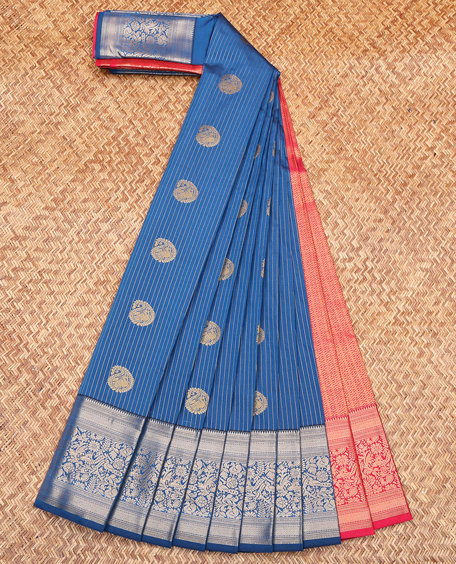 Blue Budget Silk Saree, Embellished with Zari Buttas and Stripes All Over Its Body, Highlighted by a Traditional Zari Design Big Border, Contrast Pallu of Jaal Designs, and Paired with a Contrast Blouse