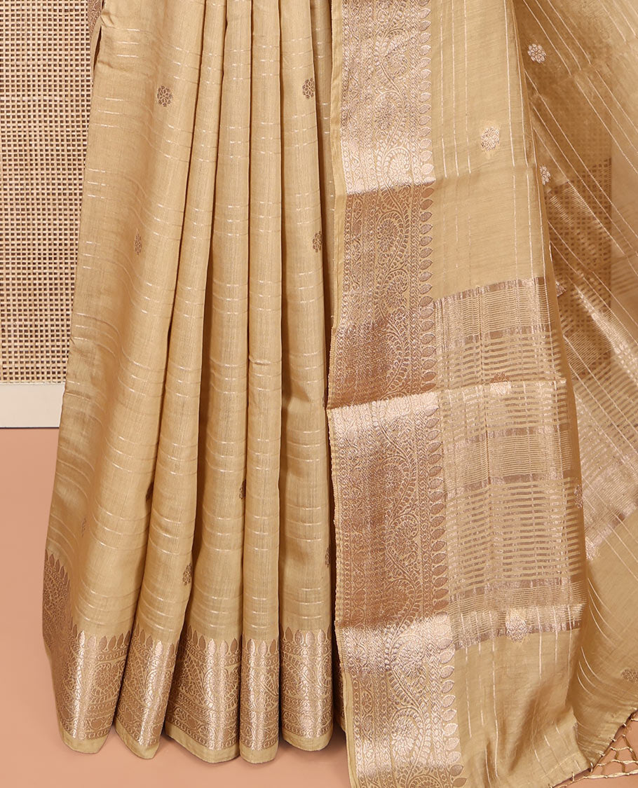 Sandal Assam Silk Saree, Sparsely Woven with Zari Buttas and Stripes, Highlighted by a Zari Traditional Woven Border, Zari-Striped Pallu, and a Matching Blouse