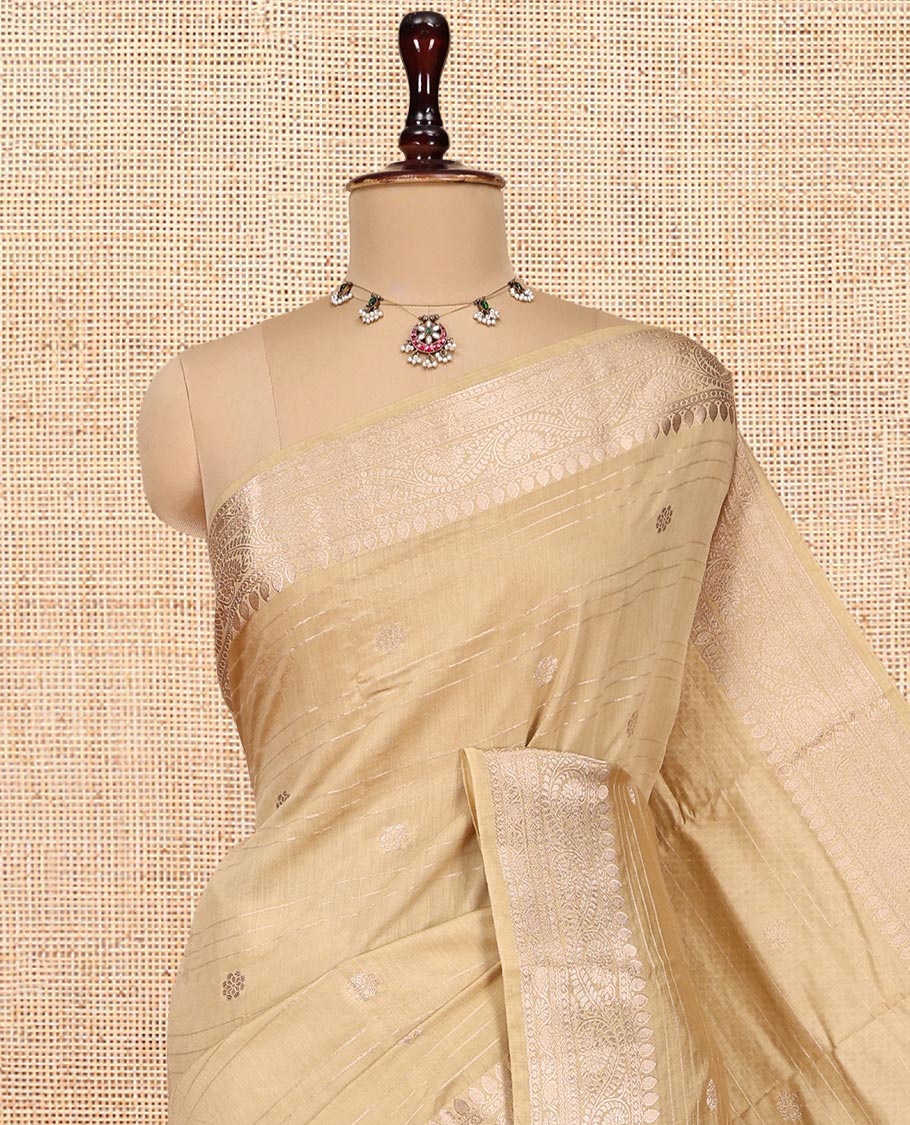 Sandal Assam Silk Saree, Sparsely Woven with Zari Buttas and Stripes, Highlighted by a Zari Traditional Woven Border, Zari-Striped Pallu, and a Matching Blouse
