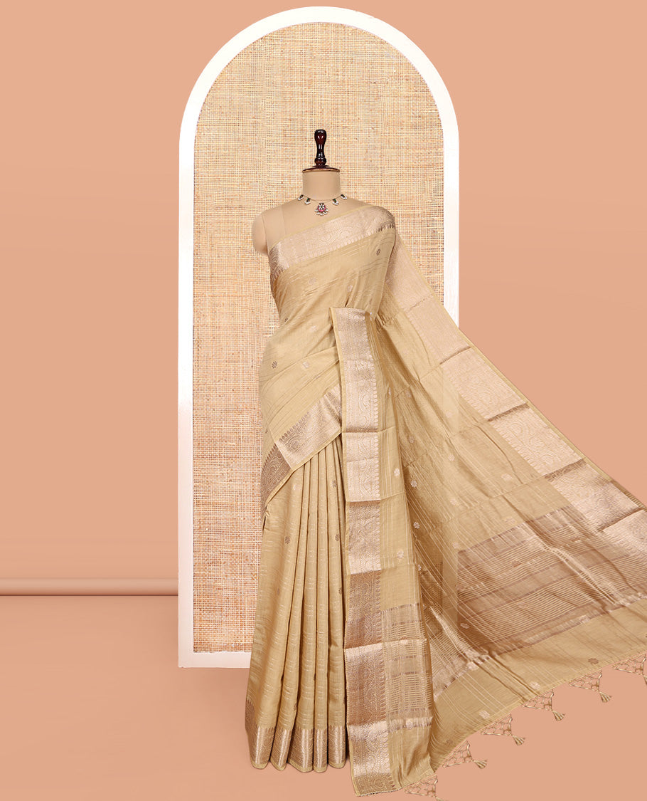 Sandal Assam Silk Saree, Sparsely Woven with Zari Buttas and Stripes, Highlighted by a Zari Traditional Woven Border, Zari-Striped Pallu, and a Matching Blouse