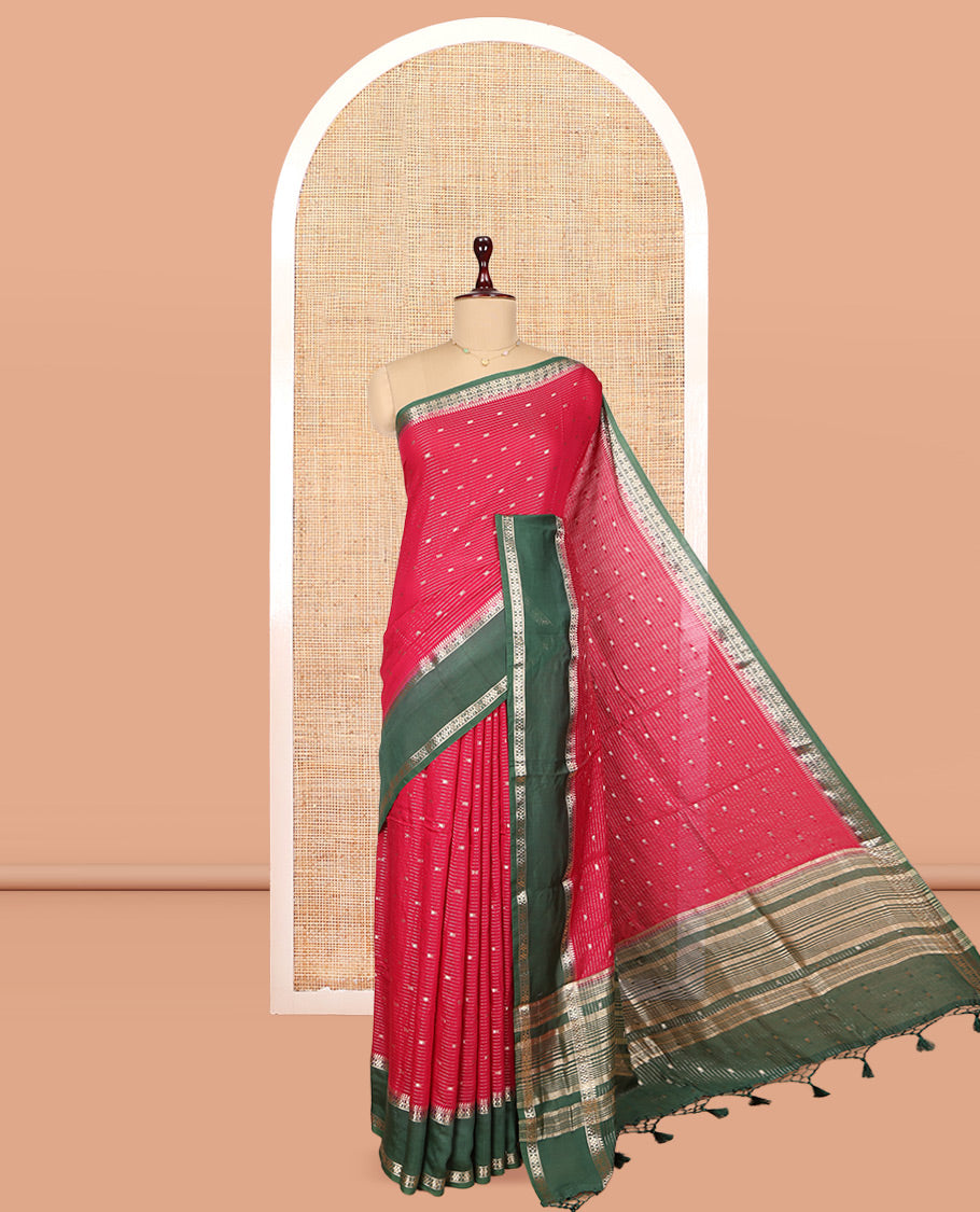 Red Assam Silk Saree,Highlighted by Zari Buttas and Stripes, Complemented by Contrast Zari Border, Zari Woven Pallu, and Contrast Blouse