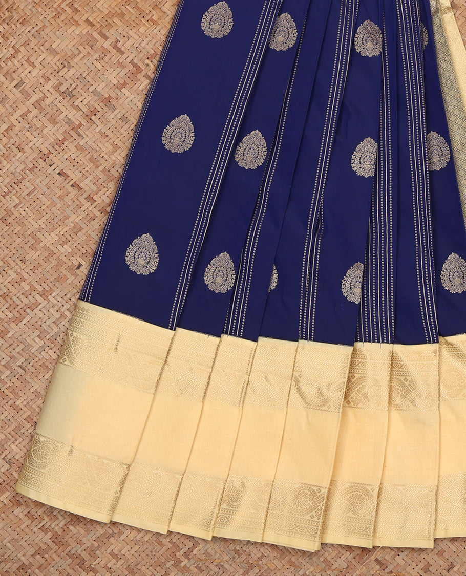 Navy Blue Budget Silk Saree, Delicately Woven Zari Buttas and Stripes, Complemented by a Contrast Traditional Zari Rettai Pettu Border, Grand Pallu, and Contrast Blouse
