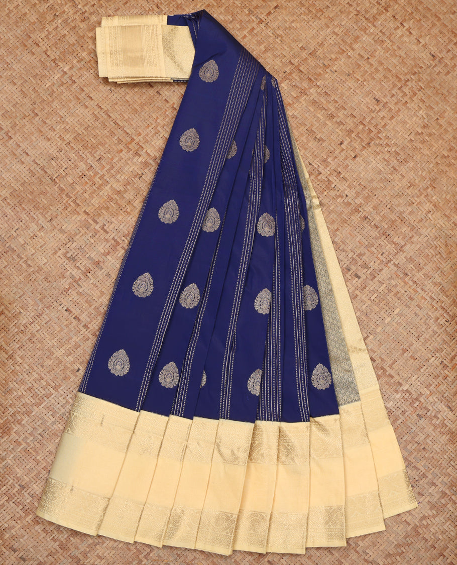 Navy Blue Budget Silk Saree, Delicately Woven Zari Buttas and Stripes, Complemented by a Contrast Traditional Zari Rettai Pettu Border, Grand Pallu, and Contrast Blouse