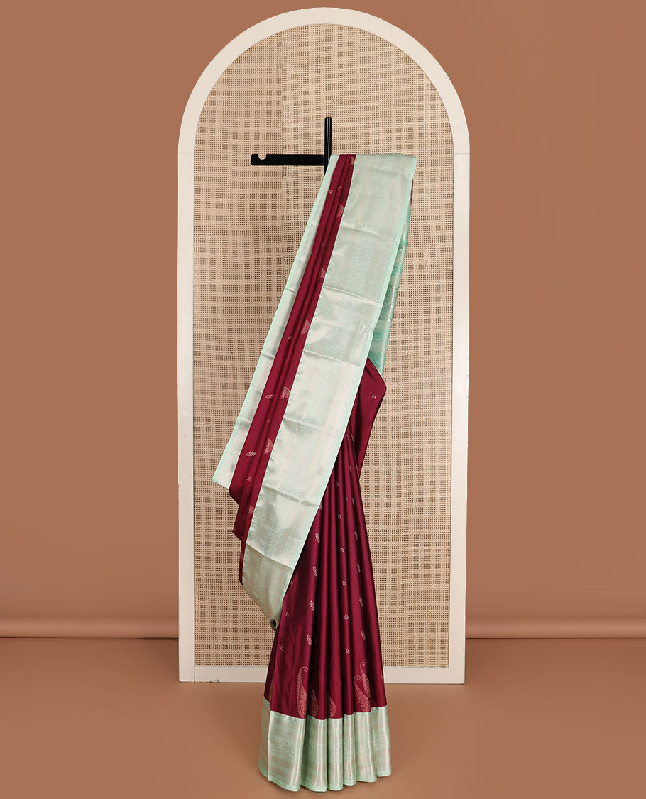 Maroon zari buttas gift saree, contrast traditional zari design border, and zari design pallu