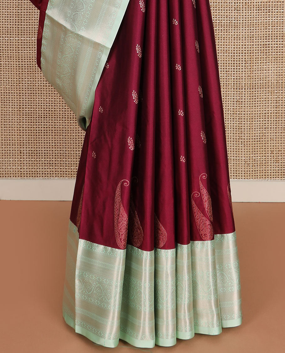 Maroon zari buttas gift saree, contrast traditional zari design border, and zari design pallu