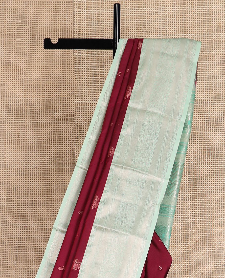 Maroon zari buttas gift saree, contrast traditional zari design border, and zari design pallu