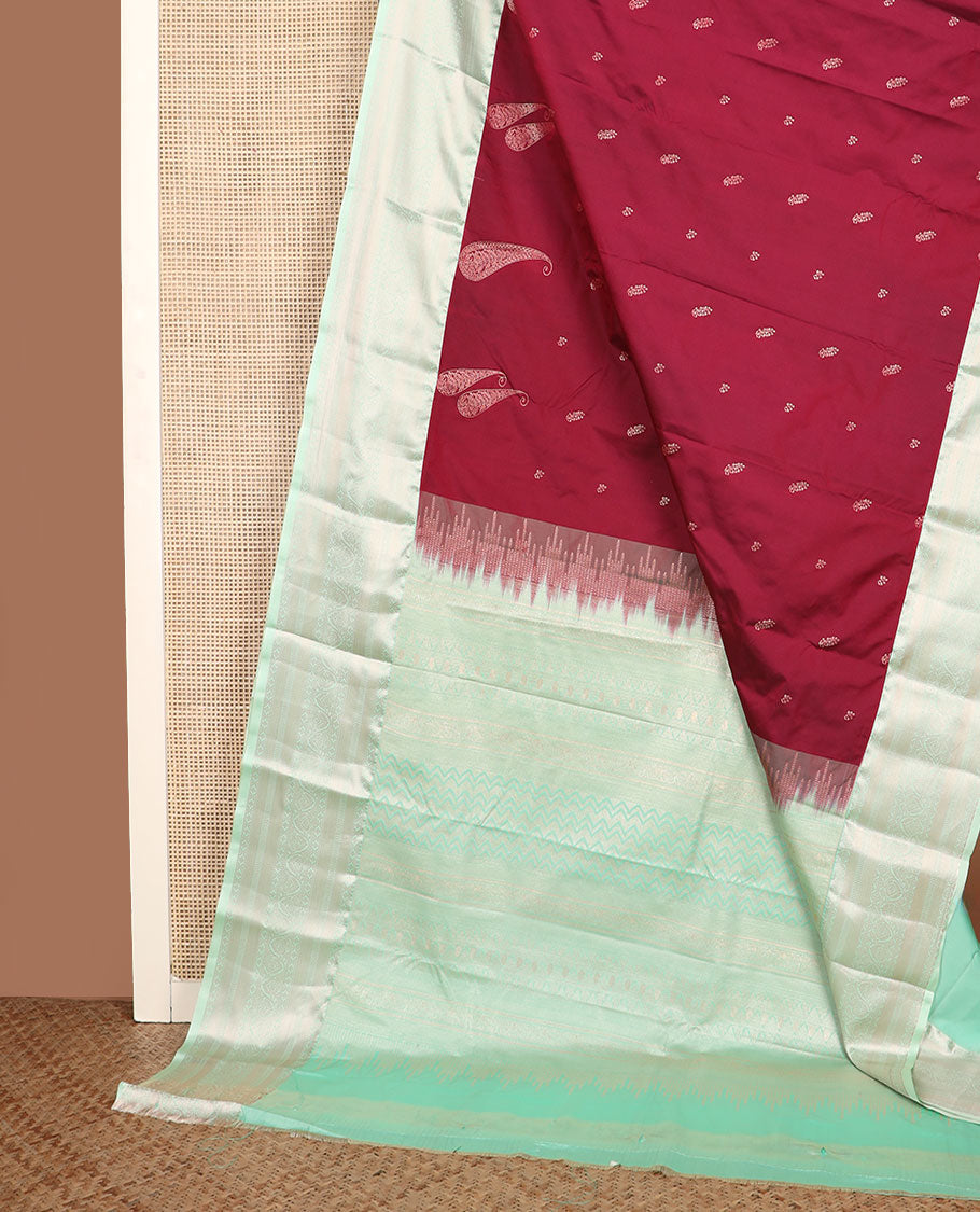 Maroon zari buttas gift saree, contrast traditional zari design border, and zari design pallu