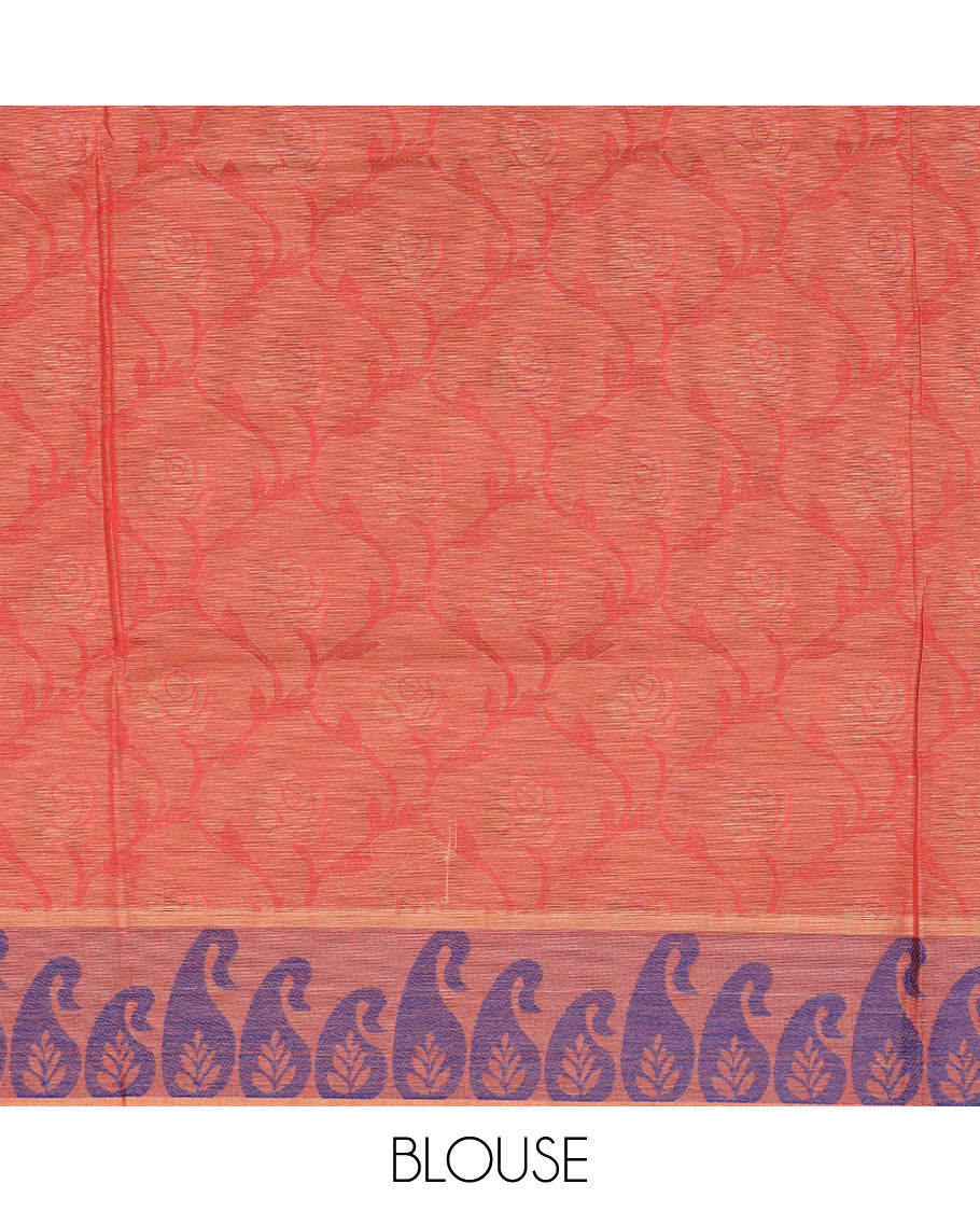 Blue ogee-patterned Coimbatore cotton saree, paisley motif border, & contrast peacock-feather-style motifs pallu