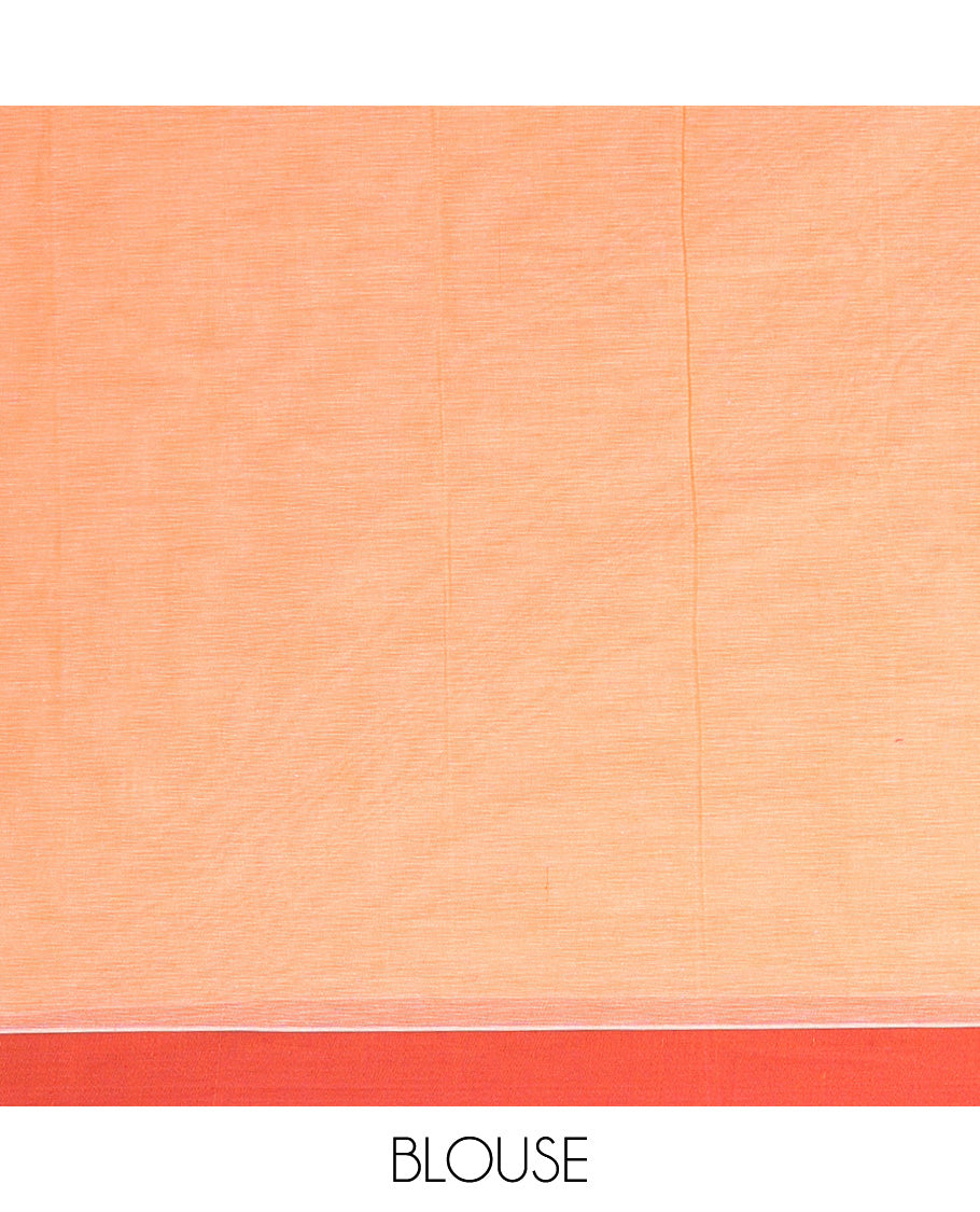 Orange leaf buttas kanchi cotton saree, contrast plain border, and floral design pallu