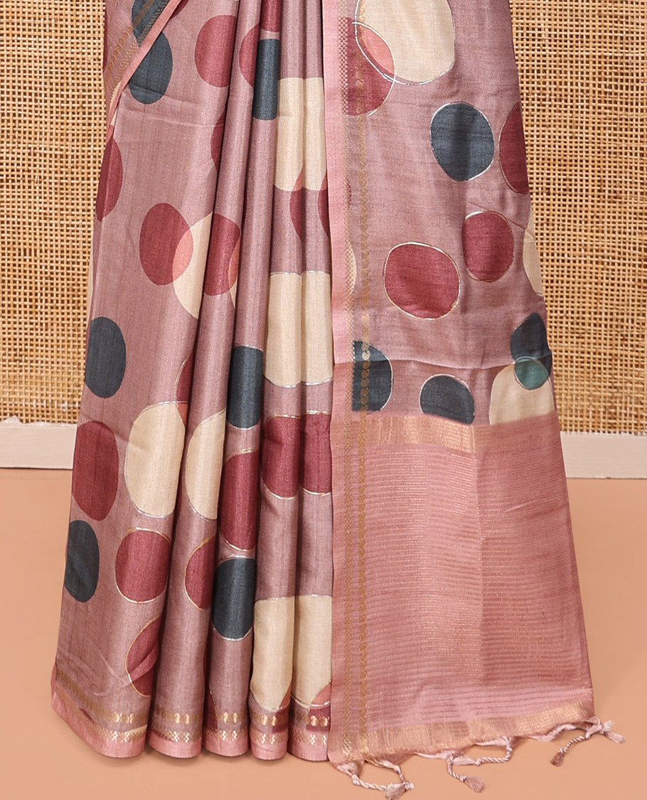 Onion Pink Fancy Tussar Saree With Polka Dots, Zari Border, Pallu, and Blouse