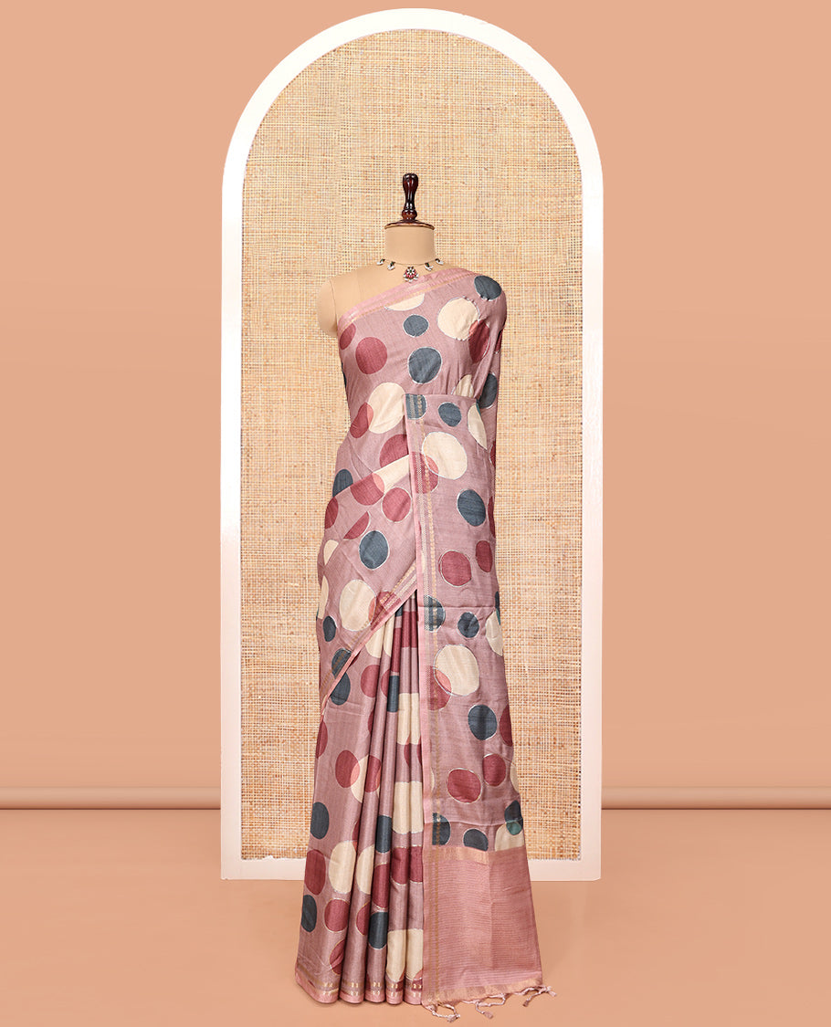 Onion Pink Fancy Tussar Saree With Polka Dots, Zari Border, Pallu, and Blouse