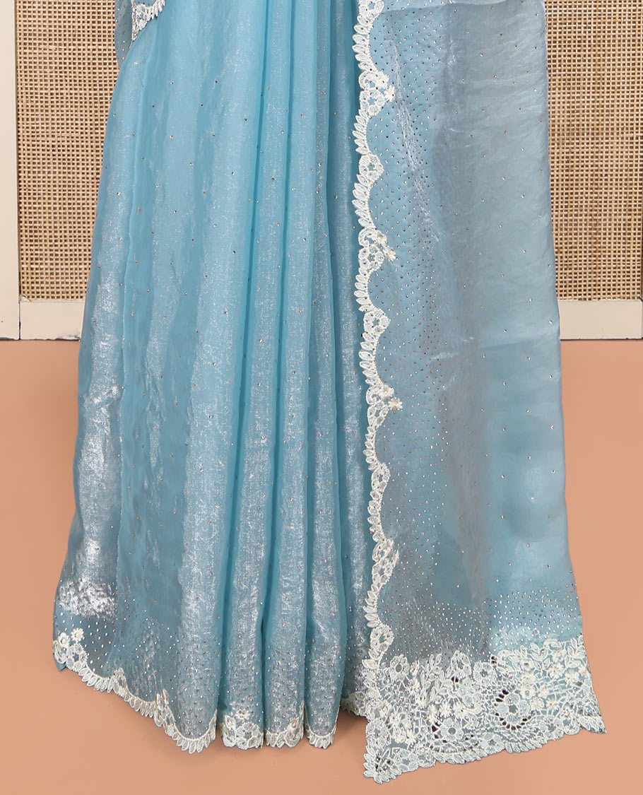 Blue Designer Saree, Steeped with Stones, a Scallop Stonework Lace Border, and Matching Blouse