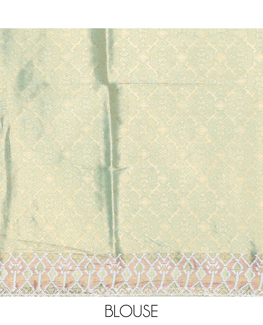 Green butta enclosed buttas designer saree, ikkat diamond patterned stone work border, and ikkat peacock printed pallu