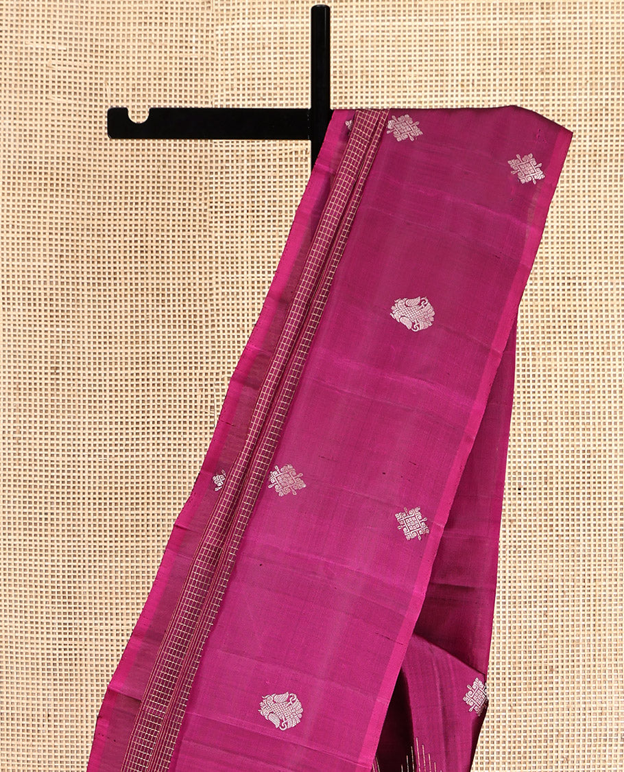Purple Checked Kanchipuram Silk Saree, Highlighted by a Zari Border of Kolam and Iruthalai Pakshi Designs, Striped Pallu, and a Matching Blouse