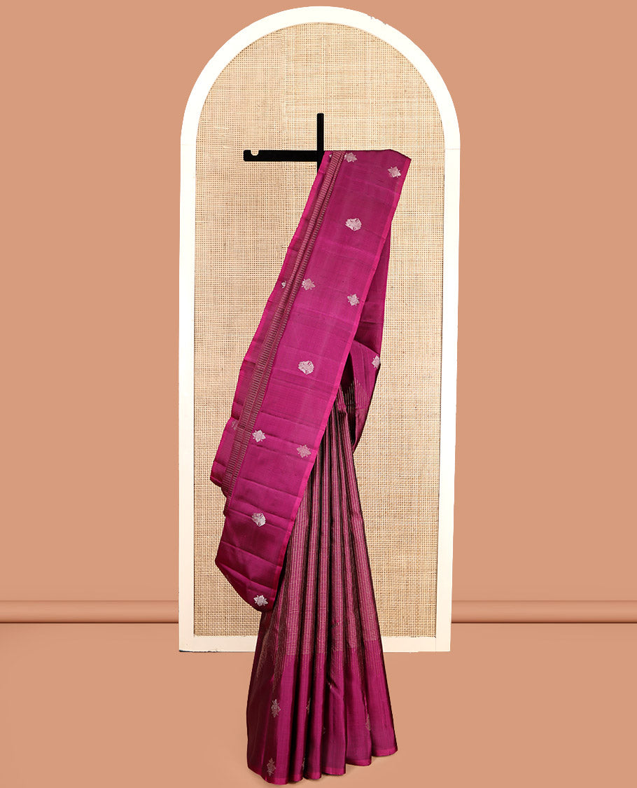 Purple Checked Kanchipuram Silk Saree, Highlighted by a Zari Border of Kolam and Iruthalai Pakshi Designs, Striped Pallu, and a Matching Blouse