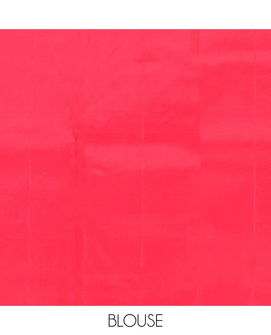 Orange Kanchipuram Silk Saree Featuring All-Over Zari Buttas, Accentuated by a Contrast Border with Flower Zari Buttas, and a Pallu Adorned with Manga Motifs, Paired with a Contrast Plain Blouse