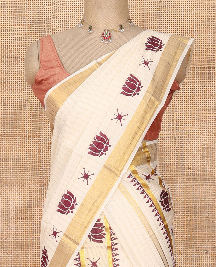 Cream striped & lotus motifs printed Kerala mundu set with zari border