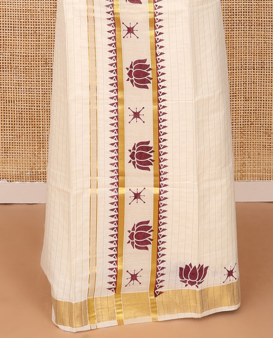 Cream striped & lotus motifs printed Kerala mundu set with zari border