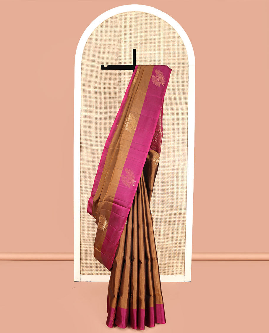 Brown Mayuri Lite Silk Mix Saree, Bedecked with Zari Buttas, Contrast Zari Buttas Border, Intricate Pallu, and a Contrast Blouse